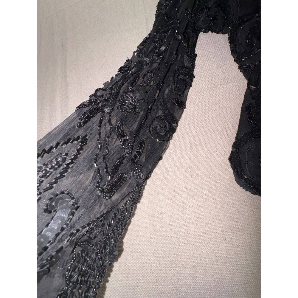 Laurence Kazar Black Silk Beaded Sequin Floral Evening Top Long Sleeve Large - Picture 8 of 12